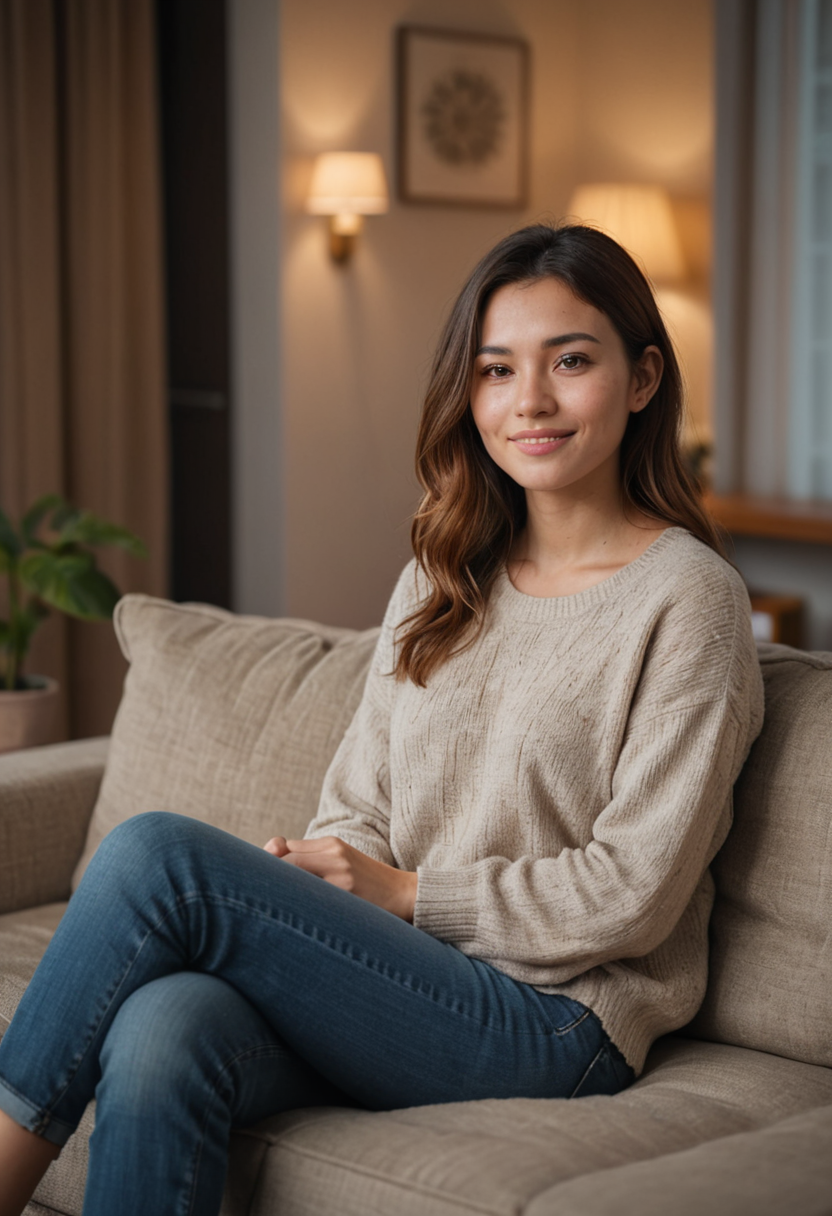 00777-16989693-A photo of a woman sitting on a cozy couch, crossing legs, soft light, relaxed posture, comfortable home setting, warm tones, in.png